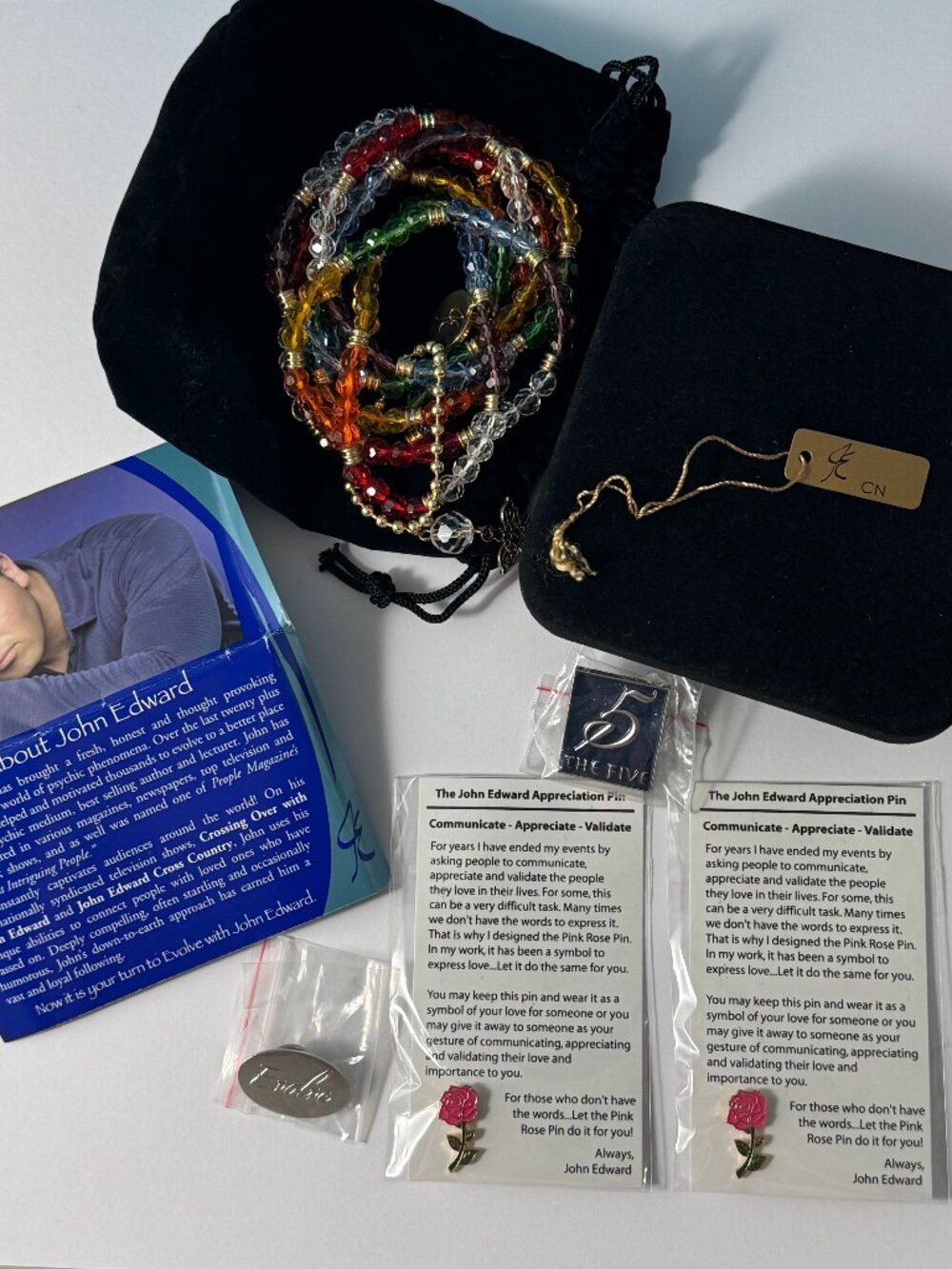 John Edward The Five & Evolve Jewelry Set: Multi-Color Chakra Bracelet & 4 Pins